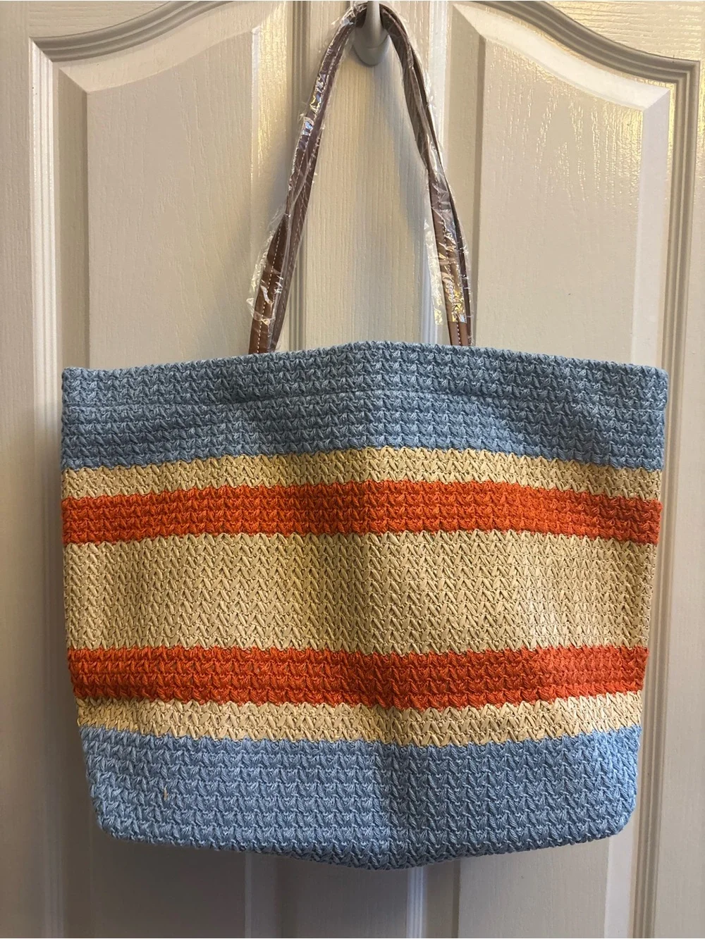 Miu Blue & Cream Striped raffia Straw Tote Bag beach sun nwot - Picture 2 of 7